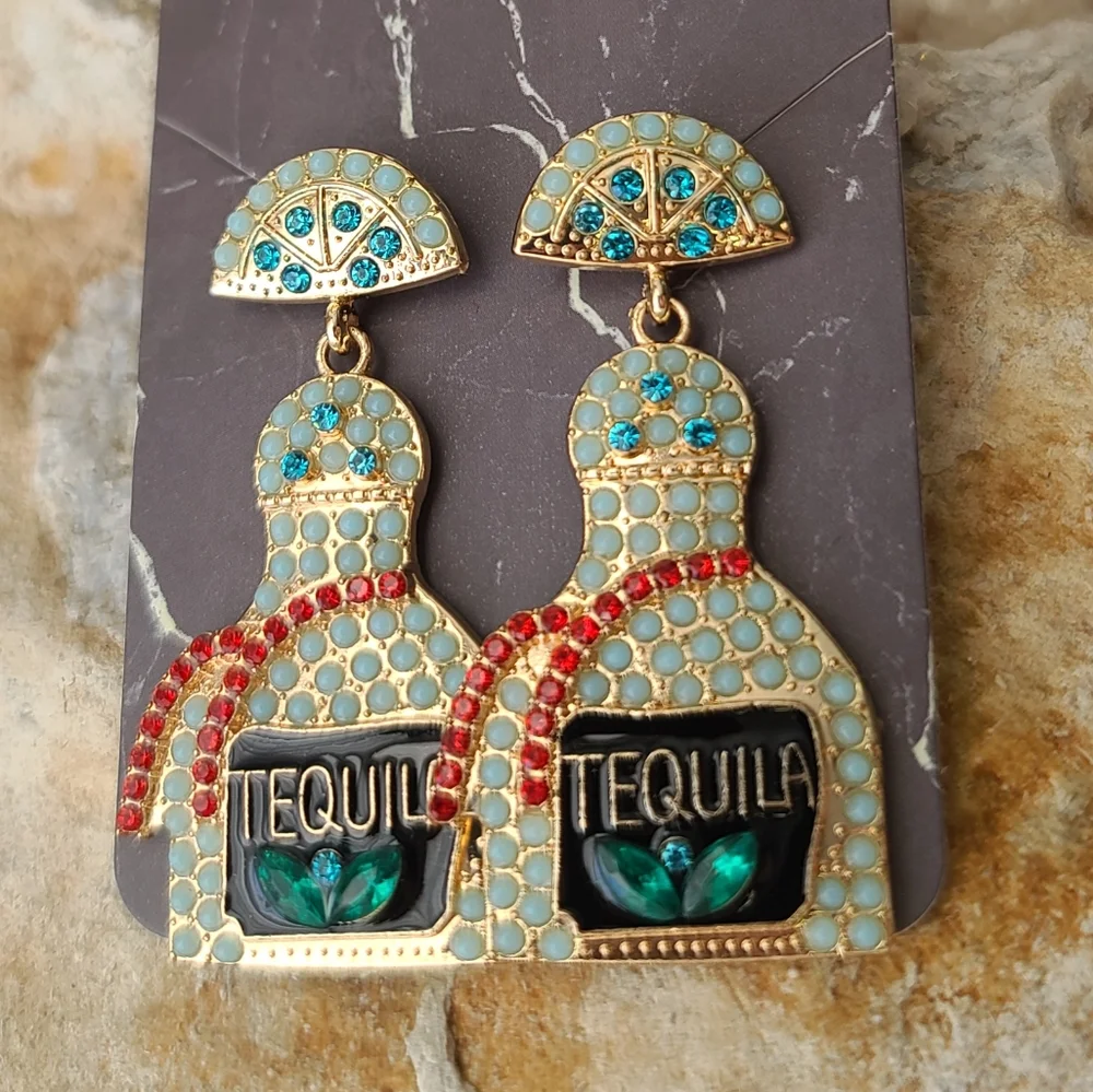 "On Tuesdays, We Wear Tequila" Drop Earrings - NEW! Aqua, Gold & Red RARE Colors - Picture 3 of 8
